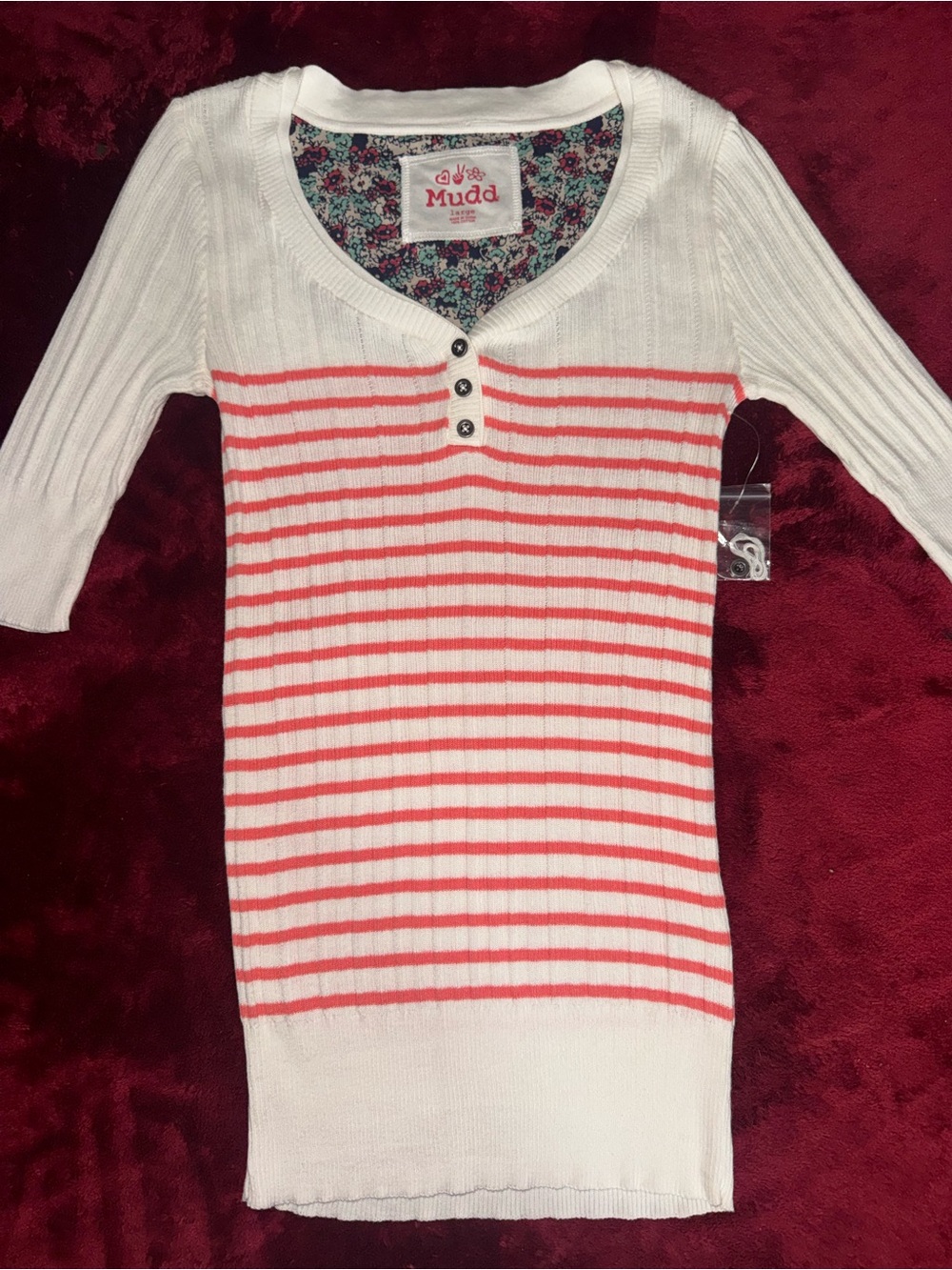 Y2K Mudd White Knit Top with Coral Stripes